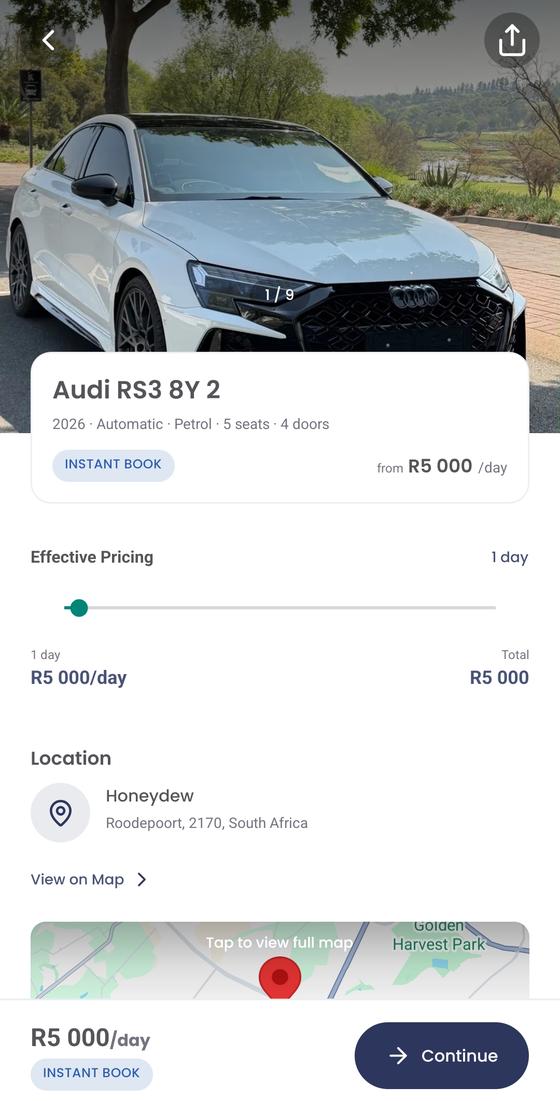 CarShareNova — a car listing with pricing and location
